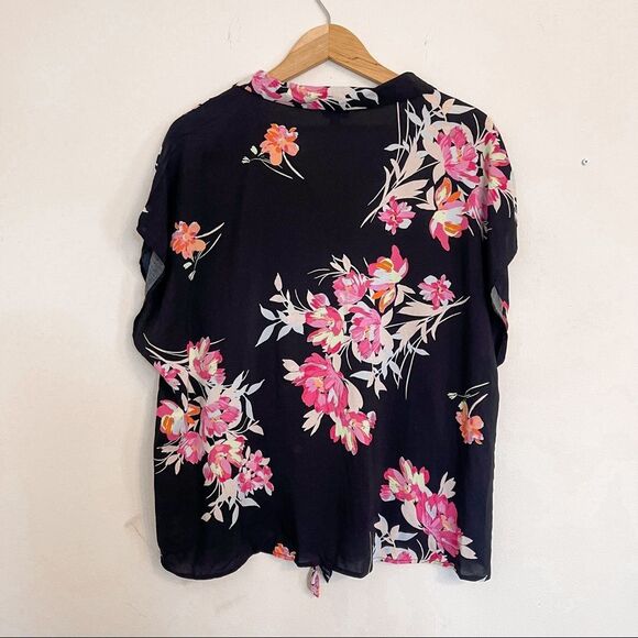 Torrid Black Floral Challis Tie Front Midi Dolman Blouse Size 1 - Picture 3 of 8